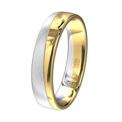 Verschillende goudsoorten vormen deze bijzondere ring. Gematteerd witgoud en gepolijst geelgoud