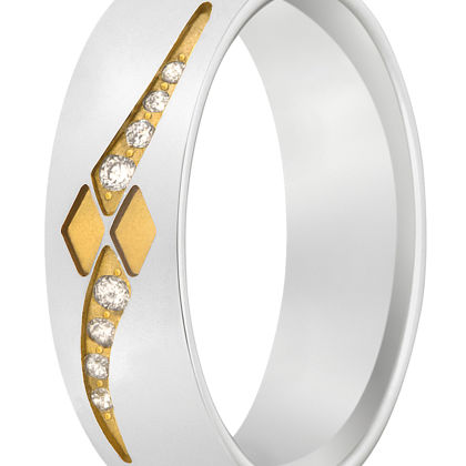 Een waar kunstwerk van glanzend witgoud met gematteerd geelgoud. De damesring is elegant voorzien van acht briljanten.