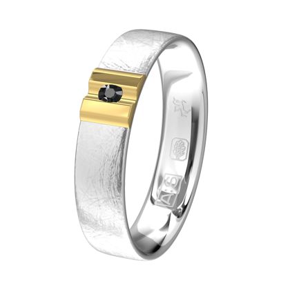 Deze Argentium ring is ijsgematteerd voor een stoere look. In de herenring is een zwarte briljant in het geelgoud geplaatst, een prachtig statement!