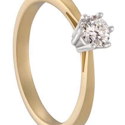 De klassieker onder de solitairringen! Prachtig uitgevoerd in een tweekleurige combinatie en voorzien van een briljant van 0,16 ct.