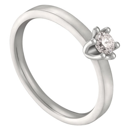Een witgoud palladium Solitaire ring door onze goudsmeden voorzien van een zespoots zetting. Deze is door onze diamantzetters voorzien van een 0,10 ct briljant
